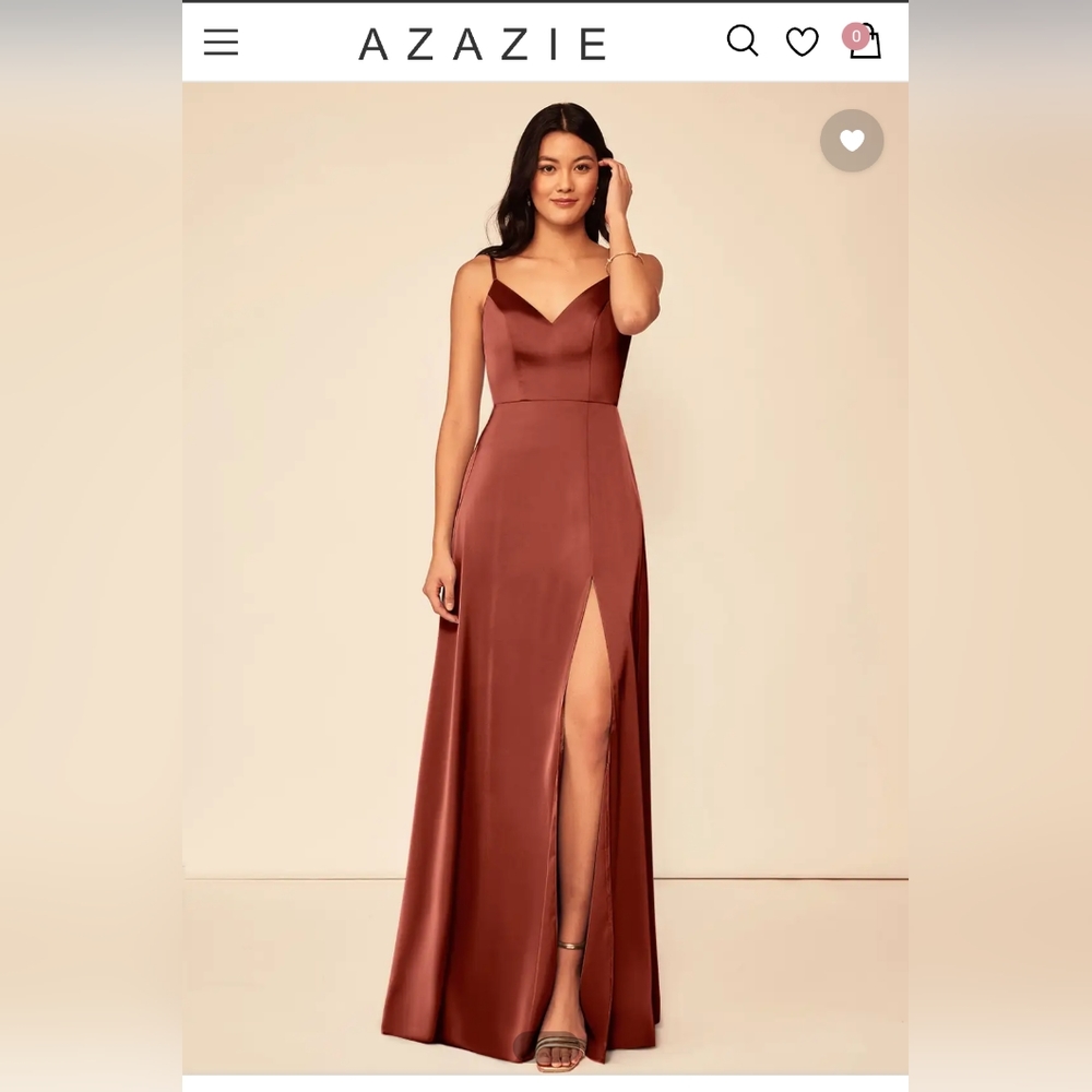 NWT Azazie A line terracotta size 10 dress stretch satin spaghetti strap bow bac